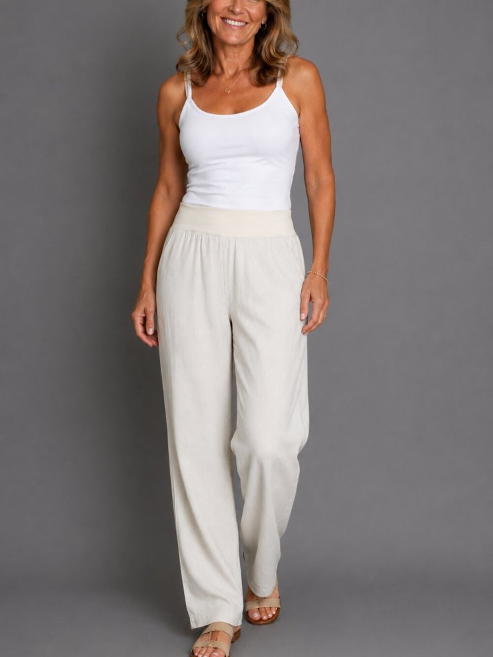 Old Navy Cream Linen Blend High-Rise Fold over Waist Women's Medium